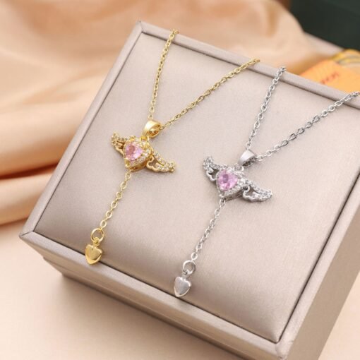 Cupid Heart Necklace – Angel Wings Crystal Pendant for Women
