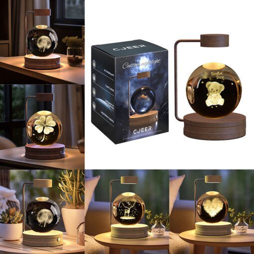3D Crystal Ball Night Light – USB Rechargeable LED Bedside Lamp